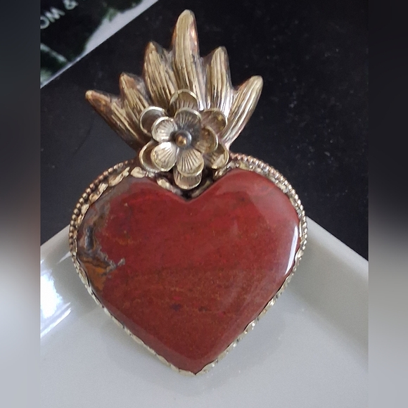 RED AGATE SACRED HEART STATEMENT RING TIBETAN SILVER ADJUSTABLE 8-11 - Picture 3 of 8